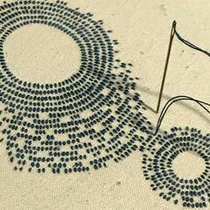 a pair of scissors and some thread on a piece of fabric with circles in it