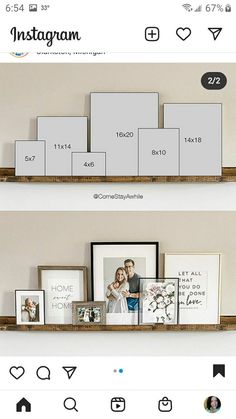 two shelves with pictures and frames on them, one is displaying the family's photos