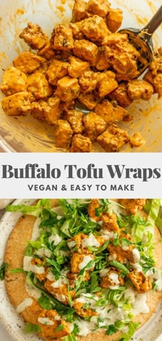 buffalo tofu wraps with lettuce and ranch dressing on top in a white bowl