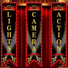 three red stage curtains with black and gold lettering that read,'the lightening show '