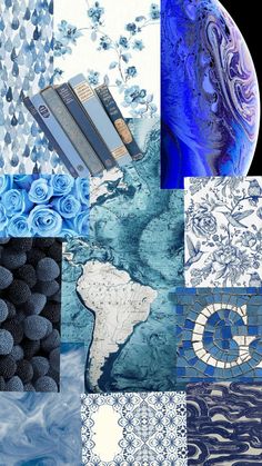 a collage of blue and white images