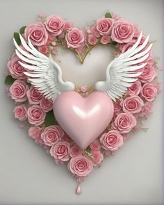 a heart with roses and angel wings surrounded by pink roses in the shape of a heart