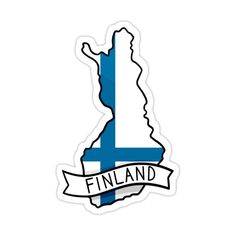 finland sticker with the flag and map in blue, white and black on it