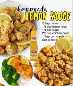 the recipe for homemade lemon sauce is shown with broccoli, chicken and rice