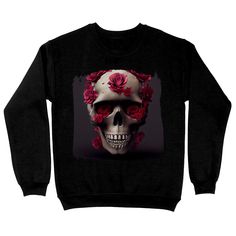 When soft comfort is what you seek, Skull and Roses Sweatshirt is what you need. Flower Sweatshirts is made from a 50% U.S. Cotton/50% Polyester blend, this warm 8.0 oz sq/yd classic fit style looks great and makes a great canvas for decorating. ✅ 50% Cotton, 50% Polyester ✅ Made in USA ✅ Skull and Roses Sweatshirt is made by specially spinned fibers that make very strong and smooth fabric, perfect for printing. Polyester fibers are extremely strong, resistant to most chemicals, stretching and s Cotton Skull Print Relaxed Fit Sweatshirt, Skull And Rose Sweater, Black Cotton Sweatshirt With Skull Print, Black Crew Neck T-shirt With Rose Print, Unisex Skull Print T-shirt With Crew Neck, Oversized Long-sleeve Sweatshirt With Skull Print, Flower Sweatshirt, Skulls And Roses, Womens Crewneck