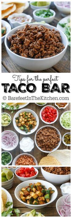 taco bar with different types of food in bowls