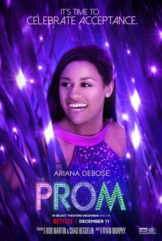 the prom movie poster with ariana debose smiling in front of purple lights