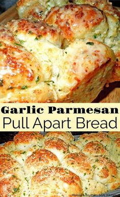 garlic parmesan pull apart bread on a cutting board with text overlay that reads garlic parmesan pull apart bread