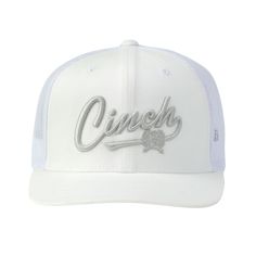 a white trucker hat with the word cinch in silver on it's front