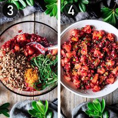 the steps to make this salad are shown in three different bowls, including strawberries and spinach