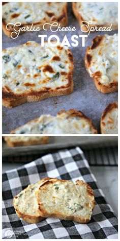 garlic cheese spread toast on top of a checkered napkin and in front of the bread