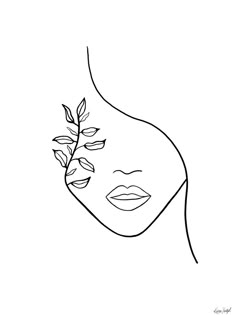 a line drawing of a woman's face with leaves coming out of her cheek