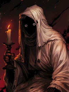 a person sitting down with a candle in their hand and wearing a hooded outfit,