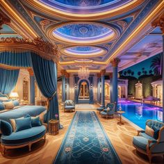 a lavish bedroom with blue and gold decor, including a pool area in the middle