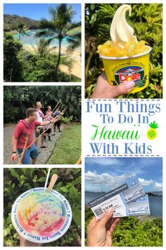 the collage shows pictures of people eating ice cream and having fun with their kids