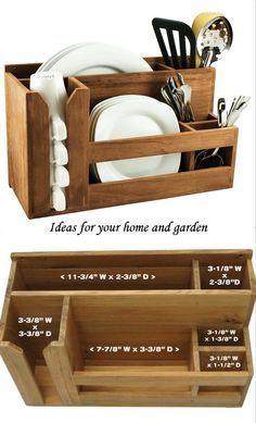 two wooden drawers with utensils in them and the words ideas for your home and garden