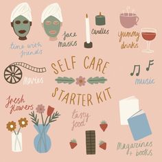 Happy Mouse Studio_Self Care Starter Kit Pamper Essentials, Selfcare Illustration, Self Care Illustration, Self Care Kit, Friends Food, Self Care Bullet Journal, Care Quotes, Positive Self Affirmations, Flowers Pink