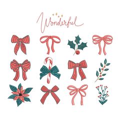 a bunch of bows and christmas decorations on top of a white background with the words wonderful written in red