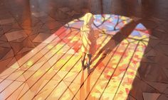 a woman standing in front of a stained glass window with her shadow on the floor