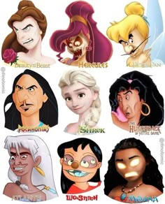 disney characters with different facial expressions and their names in the style of cartoon character faces