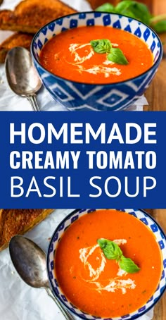 two bowls of homemade creamy tomato basil soup