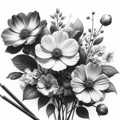 a pencil drawing of flowers and leaves