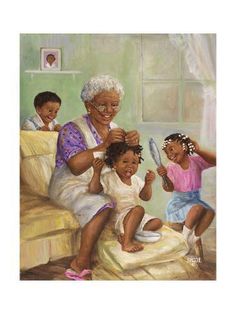 an older woman combing her children's hair