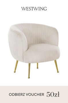 a white chair with gold legs and the words westwing in french on top of it