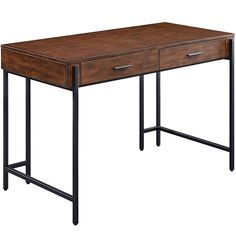 a wooden desk with two drawers and metal legs