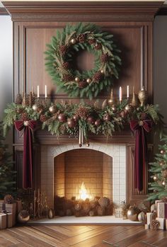 a fireplace decorated for christmas with wreaths and candles