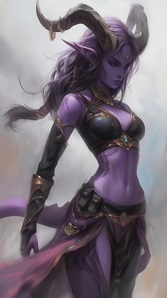 an image of a woman with horns on her head and purple hair, dressed in armor