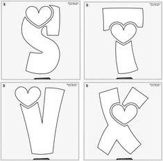 four different types of paper cut outs with the letter s in each one, and two hearts