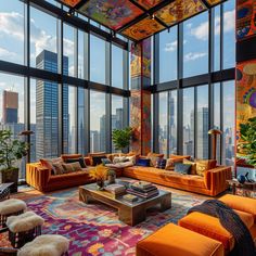 a living room filled with lots of furniture and large windows overlooking the cityscape