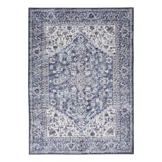 a blue and white rug with an intricate design on the middle, in front of a white background