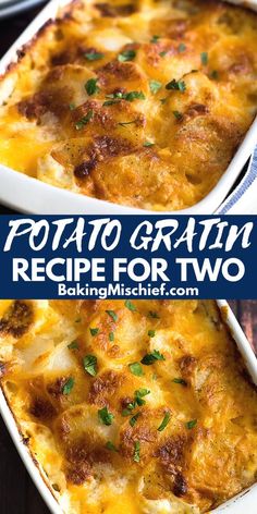 two white casserole dishes filled with potato gratin and topped with parsley