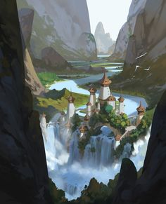 an artistic painting of a castle in the middle of a waterfall with mountains surrounding it