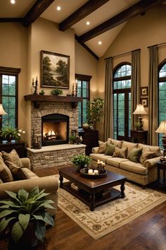 a living room filled with furniture and a fire place in the middle of two windows