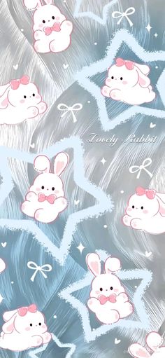 an image of some cartoon animals on a blue and gray background with stars, clouds and hearts