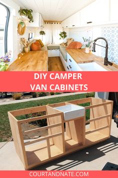 two pictures with the words diy camper van cabinets in red and white text