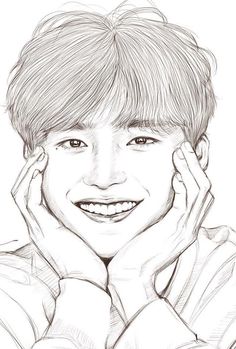 a pencil drawing of a young man with his hands on his face, smiling at the camera