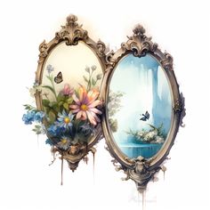 two oval mirrors with flowers and butterflies on them, one has a butterfly in the mirror