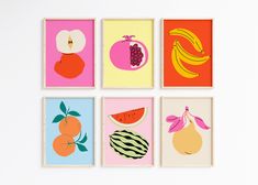 four square paintings with fruit on them in different colors and shapes, each featuring an apple, pear, orange, banana, watermelon