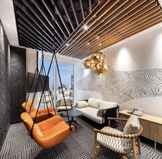 a living room filled with furniture next to a wall covered in wood planks and hanging lights