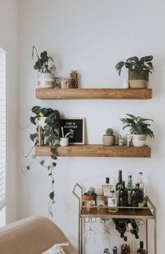 two wooden shelves with plants and bottles on them in a living room next to a couch