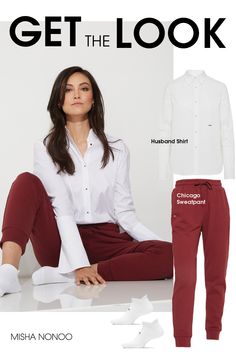 Essential Pieces, One High-Powered Look. #WFH #Winter #WinterOutfit #WorkFromHome #Womenswear #Shirting #Outfits #OutfitIdeas #Sweats #Boss #BossBabe #Fashion #WomensFashion #ZoomShirts #ZoomOutfits #Designer #MishaNonoo #SweatpantOutfit #Collage #LookBook #GetTheLook #White #Burgundy Sweatpants Outfit, Husband Shirts, Boss Babe, Get The Look, Winter Outfits, Lookbook, Sweatpants