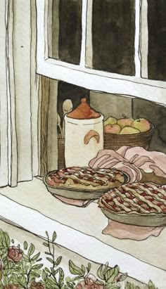 two pies are sitting on the window sill in front of an open window