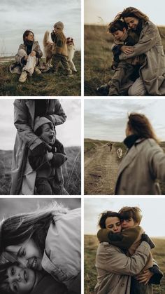 four different pictures of people hugging each other in the middle of an open grassy field