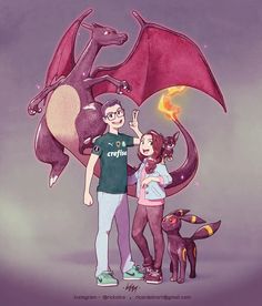 two people standing next to each other with a dragon on their shoulders and a dog behind them