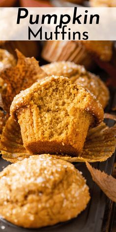 pumpkin muffins are stacked on top of each other