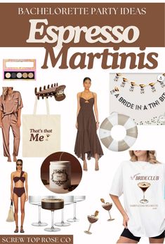 the cover of bachelor party ideas for espresso martinis, including t - shirts and other items